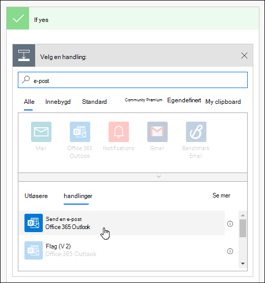Velg Send et e-postvarsel som en handling i Power Automate