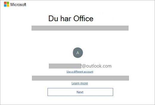 Skjermbilde av skjermen som vises når du kjøper en ny enhet som omfatter en lisens for Office. Dette skjermbildet viser at Office har funnet den eksisterende Microsoft-kontoen din.