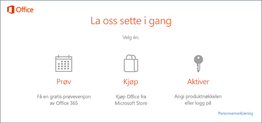 Et skjermbilde som viser standard prøve-, kjøpe- eller aktiverings-alternativer for en PC med forhåndsinstallert Office.