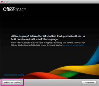 Skjermbilde av Aktiver via telefon i Office for Mac