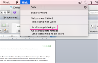 Skjermbilde av menyen i Office for Mac