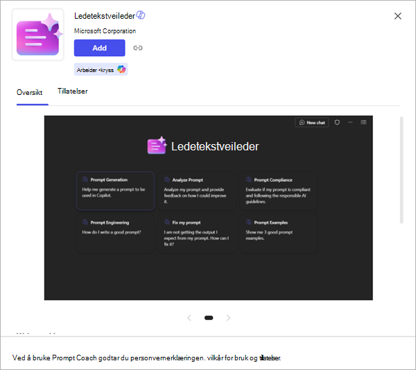 Skjermbilde av en app som viser flere detaljer og alternativet for å legge den til i Microsoft 365 Copilot.