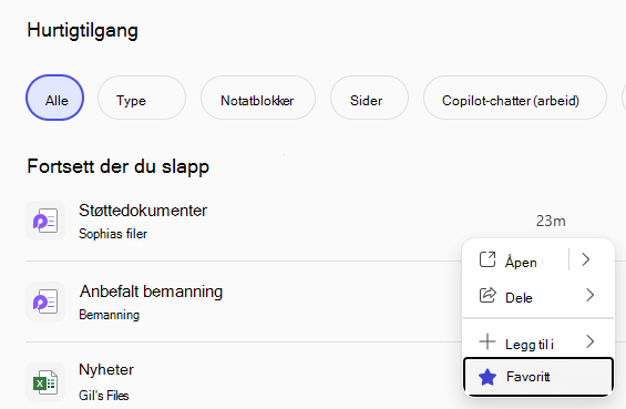 Hurtigtilgang-ruten som viser nylig brukte filer og en Favoritt-knapp