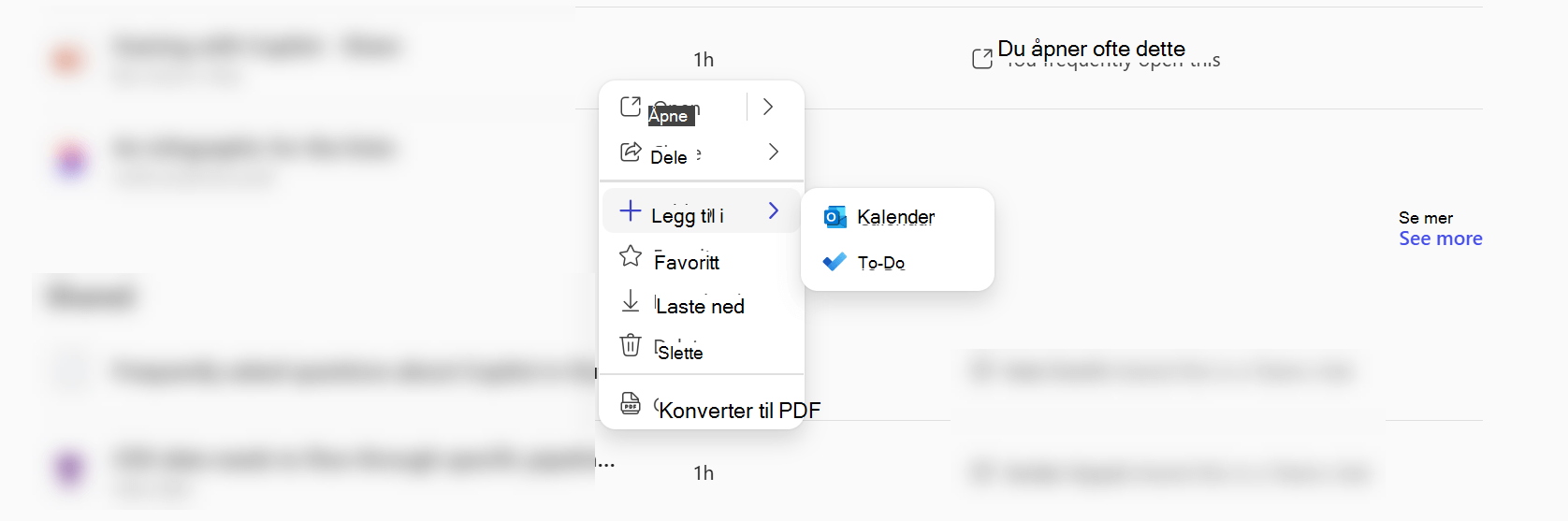 En hurtigmeny i Microsoft 365 Copilot-appen som viser at du kan legge til en fil i enten Calendar eller To Do.