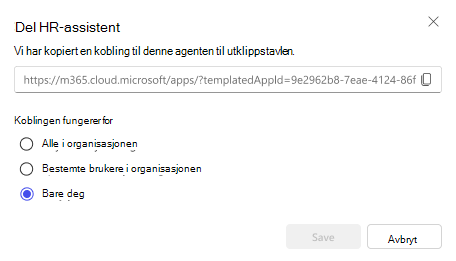 Et skjermbilde av alternativene for å dele en agent