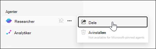 Skjermbilde av hvor du kan dele en agent fra venstre navigasjonsrute.