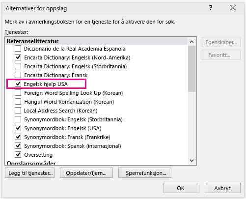 Dialogboksen Alternativer for oppslag med engelsk hjelp valgt