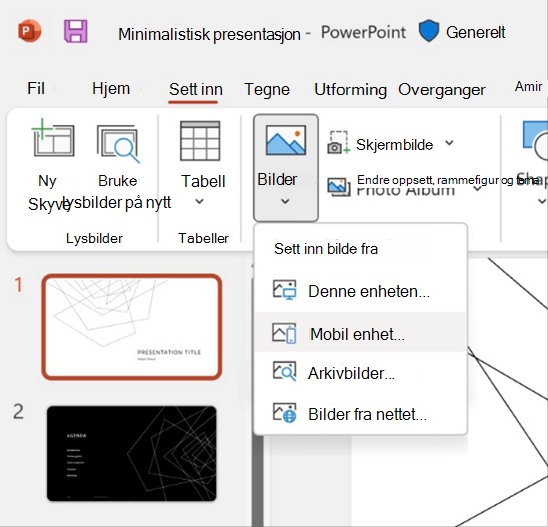 Skjermbilde av innsetting av et bilde fra en funksjon på en mobil enhet i PowerPoint.