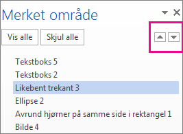 Valgruten viser aller figurer, tekstbokser, WordArt-objekter og andre objekter i dokumentet.