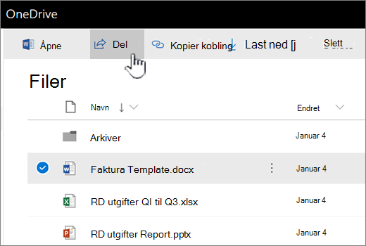 OneDrive med Fil valgt og Del-knappen trykket inn