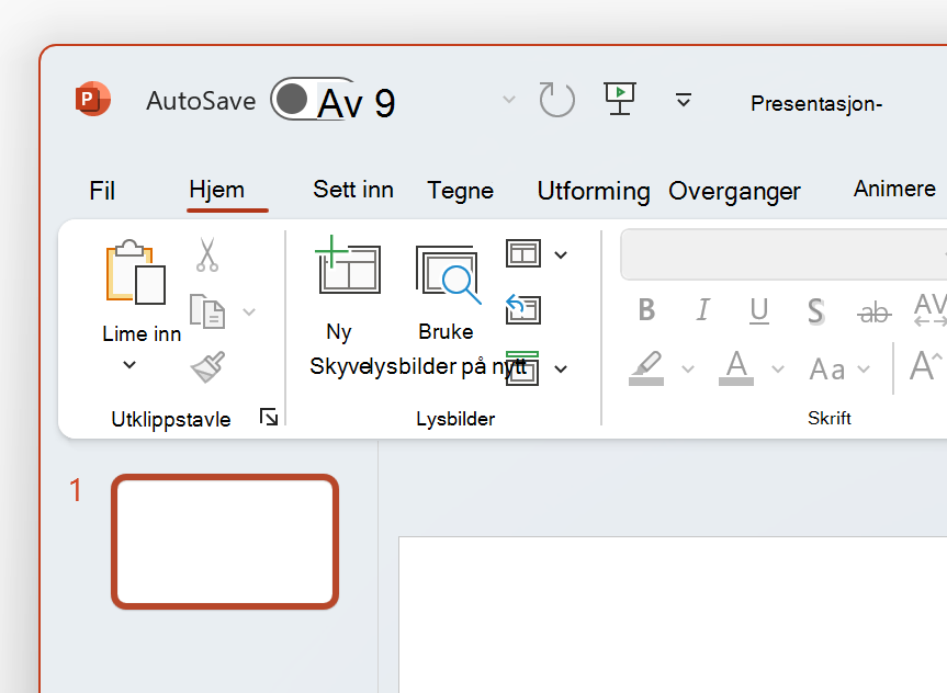 Et skjermbilde av powerpoint øverst til venstre i hvitt tema.
