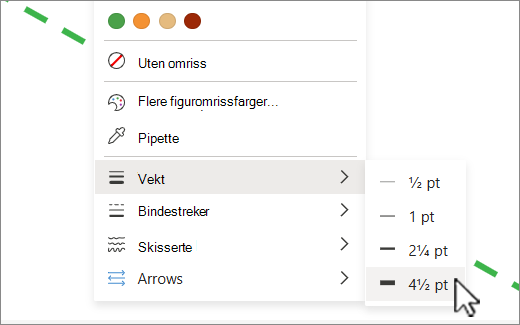 Du kan bruke tykkelse-alternativene under Figuromriss på Figur-fanen til å endre tykkelsen på den merkede linjen.