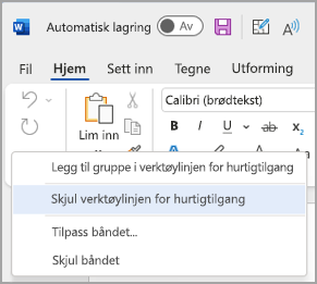 Bilde av alternativet for å skjule verktøylinjen for hurtigtilgang