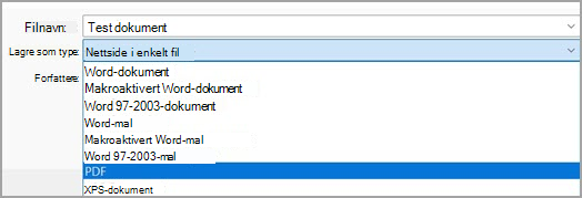 Bilde som viser utvalget av PDF-filer (*.pdf) fra rullegardinmenyen