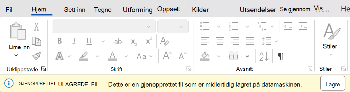 Et skjermbilde av øktgjenopprettingen i Word som sier Gjenopprett fil som ikke er lagret: Dette er en gjenopprettet fil som er midlertidig lagret på datamaskinen. Ved siden av den finner du en lagre-knapp.