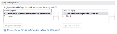 Dialogboksen som gjør det mulig å velge språket Office skal bruke for knapper, menyer og hjelp.