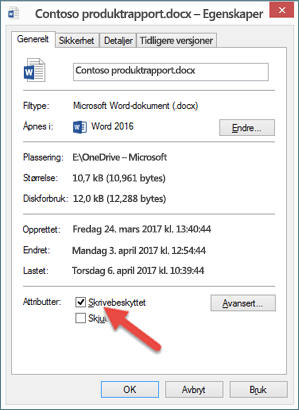 Fjern merket i boksen for skrivebeskyttelse for å kunne redigere og lagre filen.