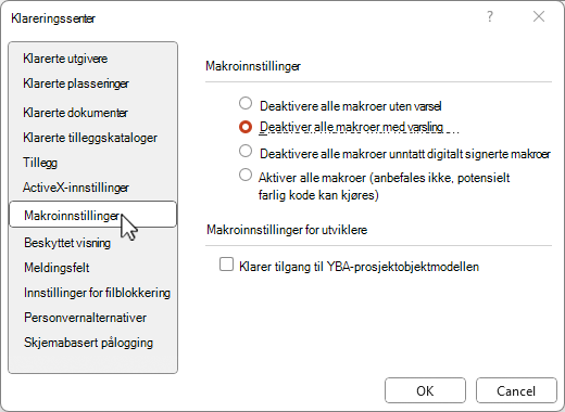 Makroinnstillinger i klareringssenteret
