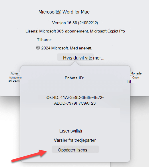 Finne Oppdater lisens-knappen i Microsoft Word på MacOS.