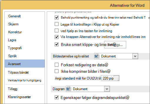 Alternativer for bildestørrelse og kvalitet i Word