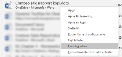 Hurtigmenyen du ser når du høyreklikker på en fil i listen over nylig brukte filer