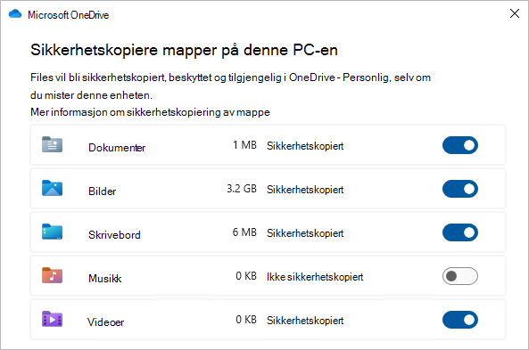 Skjermbilde som viser valgdialogboksen for sikkerhetskopiering av OneDrive-mapper