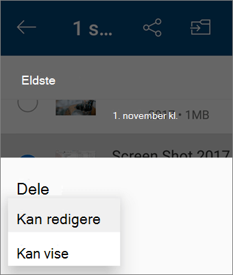Skjermbilde av endring av tillatelsen under deling i OneDrive-appen for Android