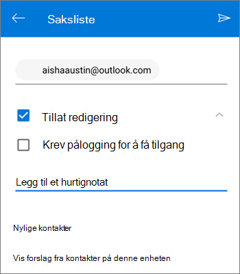 Skjermbilde av invitasjon av personer til å dele en fil fra OneDrive for Android