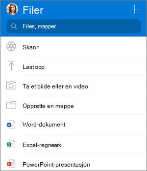 Skjermbilde av Legg til-menyen i OneDrive-appen for iOS
