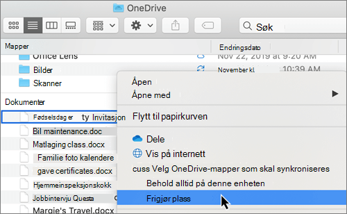 Skjermbilde av OneDrive Files behovsbetingede alternativer i Finder på en Mac