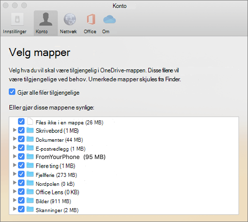 Dialogboksen Velg mapper under OneDrive for Mac Innstillinger-vinduet