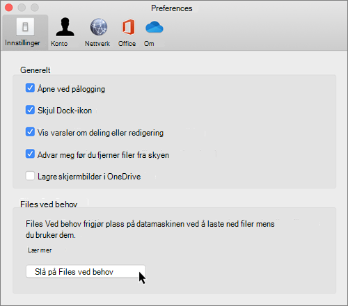 Skjermbilde av innstillinger i Mac for OneDrive Files ved behov