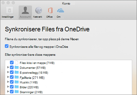Dialogboksen Synkronisere mapper for OneDrive for Mac