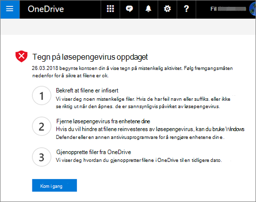Skjermbilde av skjermen Fortegn på løsepengevirus oppdaget på OneDrive-nettstedet