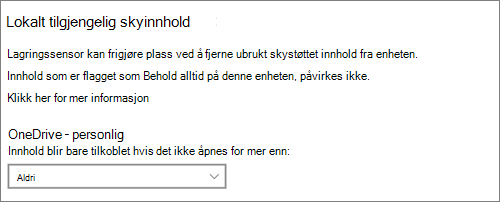 Windows 10 rullegardinliste for lagring for å velge når oneDrive-filer bare skal opprettes på nettet
