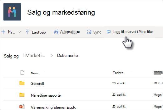 Skjermbilde av å legge til en snarvei i OneDrive fra et delt bibliotek