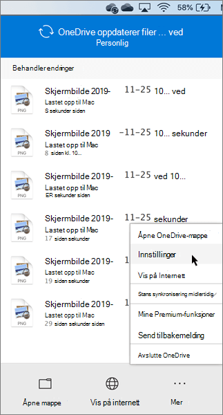 Skjermbilde av personlige innstillinger som angis for OneDrive