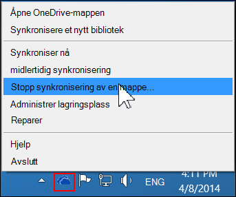 Slutte å synkronisere en mappekommando i OneDrive for Business-menyen