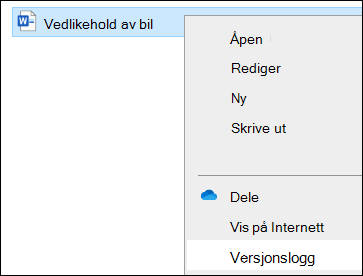 Filutforsker-menyen, inkludert alternativet Versjonslogg.