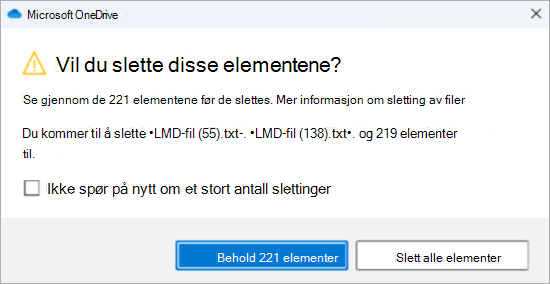 Skjermbilde av bekreftelsesforespørselen i OneDrive for sletting av mange filer