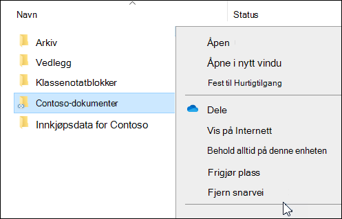 Fjern snarvei i OneDrive i Filutforsker