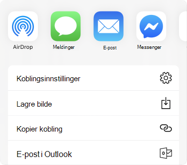 Del meny med apper langs toppen og en liste over alternativer for deling nedenfor disse.
