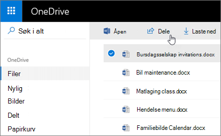 Skjermbilde av en valgt fil og Del-knappen i OneDrive.
