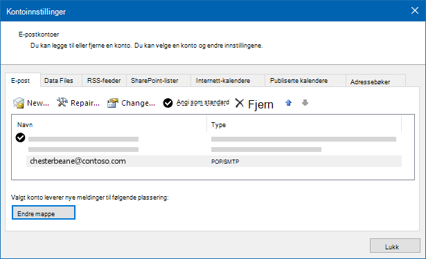Dialogboksen Innstillinger for Outlook-konto