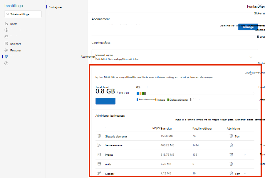 Outlook.com Abonnementsinnstillinger som viser utvidet e-postlagringsbruk og lagringsplassen som brukes av hver mappe.