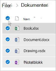 Skjermbilde som viser hvordan du velger alle filer og mapper i OneDrive