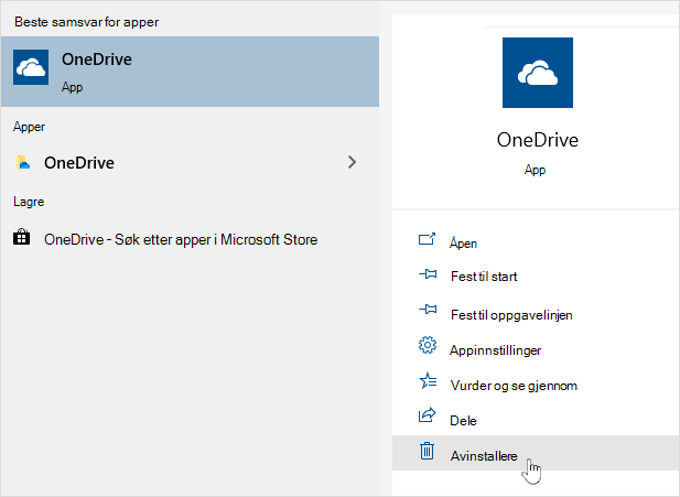 Avinstallere OneDrive Store-appen