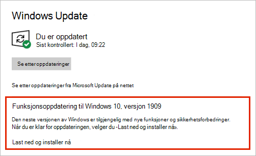 Windows Update som viser plassering av funksjonsoppdatering