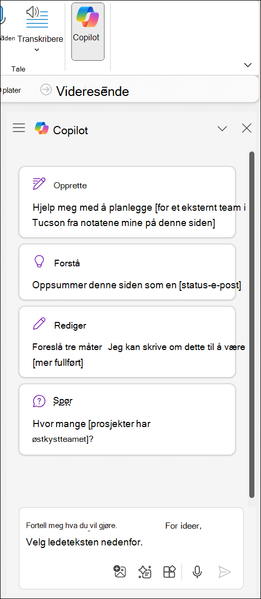 Copilot-ruten i OneNote på høyre side av siden.