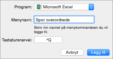 Eksempel på egendefinert hurtigtast i Office 2016 for Mac